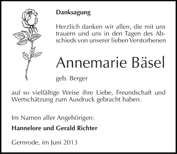 Traueranzeige von Annemarie Bäsel von Mitteldeutsche Zeitung Quedlinburg