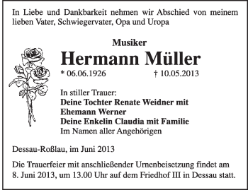 Traueranzeige von Hermann Müller von Super Sonntag Dessau / Köthen