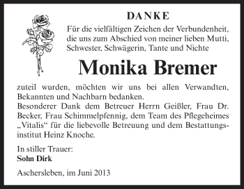 Traueranzeige von Monika Bremer von WVG - Wochenspiegel Aschersleben