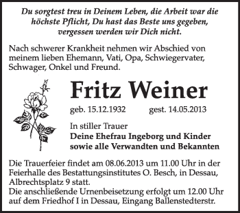 Traueranzeige von Fritz Weiner von Super Sonntag Dessau / Köthen