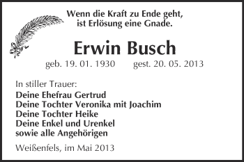 Traueranzeige von Erwin Busch von WVG - Wochenspiegel NMB / WSF / ZTZ