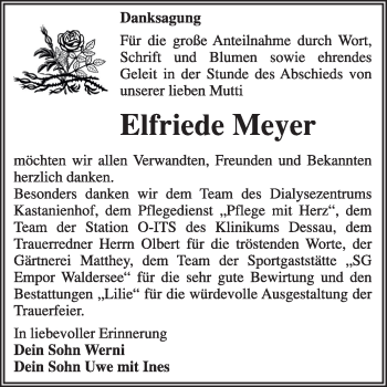 Traueranzeige von Elfriede Meyer von Super Sonntag Dessau / Köthen