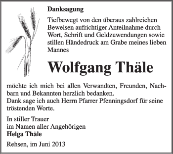 Traueranzeige von Wolfgang Thäle von Super Sonntag Dessau / Köthen