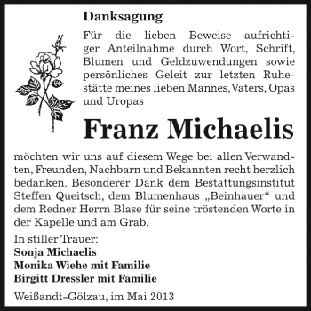 Traueranzeige von Franz Michaelis von WVG - Wochenspiegel Dessau / Köthen