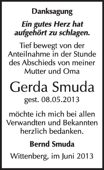 Traueranzeige von Gerda Smuda von WVG - Wochenspiegel Wittenberg