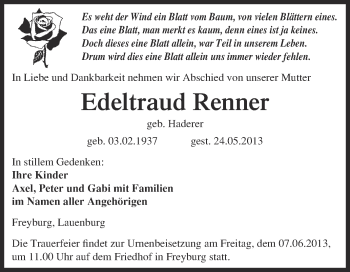 Traueranzeige von Edeltraud Renner von WVG - Wochenspiegel NMB / WSF / ZTZ