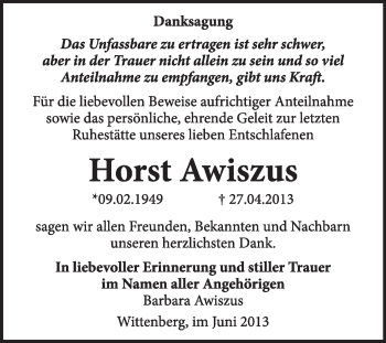Traueranzeige von Horst Awiszus von WVG - Wochenspiegel Wittenberg
