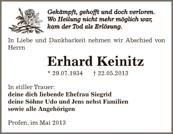 Traueranzeige von Erhard Keinitz von Super Sonntag Zeitz