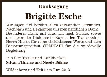 Traueranzeige von Brigitte Esche von Super Sonntag Zeitz