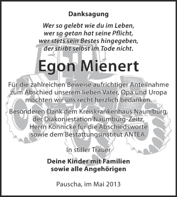 Traueranzeige von Egon Mienert von WVG - Wochenspiegel NMB / WSF / ZTZ