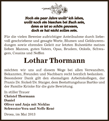 Traueranzeige von Lothar Thormann von WVG - Wochenspiegel Dessau / Köthen