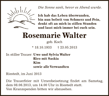 Traueranzeige von Rosemarie Walter von Super Sonntag SGH Mansf. Land