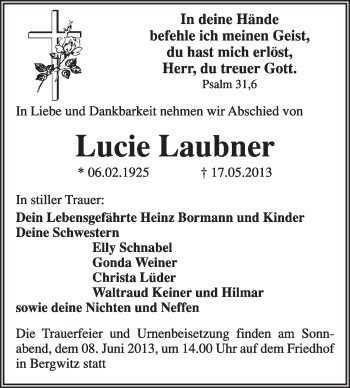 Traueranzeige von Lucie Laubner von WVG - Wochenspiegel Wittenberg