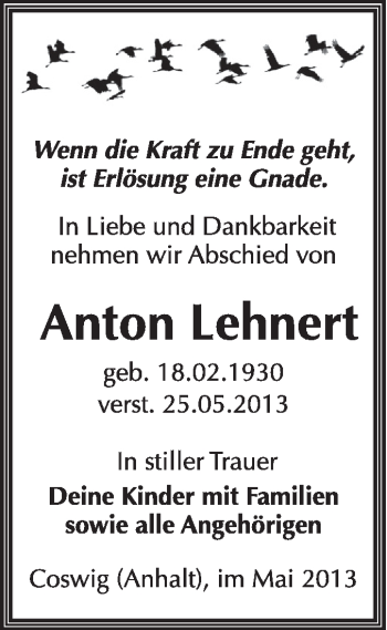 Traueranzeige von Anton Lehnert von Super Sonntag Wittenberg