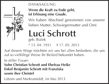Traueranzeige von Luci Schrott von Super Sonntag Merseburg