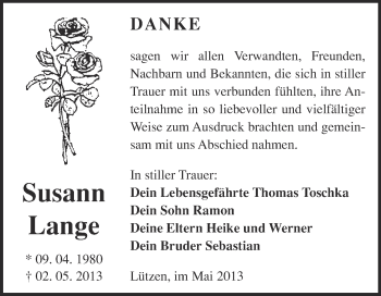 Traueranzeige von Susann Lange von Super Sonntag Merseburg
