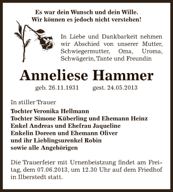 Traueranzeige von Anneliese Hammer von Super Sonntag Bernburg