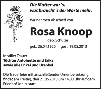 Traueranzeige von Rosa Knoop von Super Sonntag Dessau / Köthen