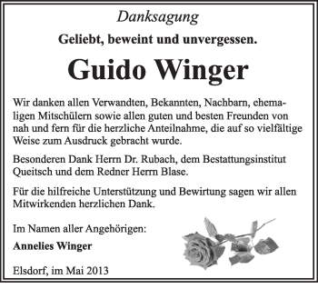 Traueranzeige von Guido Winger von Super Sonntag Dessau / Köthen