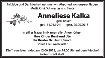 Traueranzeige von Anneliese Kalka von Super Sonntag Dessau / Köthen