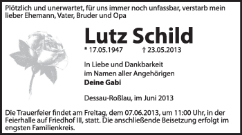 Traueranzeige von Lutz Schild von Super Sonntag Dessau / Köthen