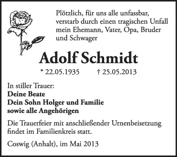 Traueranzeige von Adolf Schmidt von Super Sonntag Wittenberg