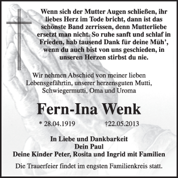 Traueranzeige von Fern-Ina Wenk von Super Sonntag Dessau / Köthen