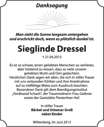 Traueranzeige von Sieglinde Dressel von WVG - Wochenspiegel Wittenberg