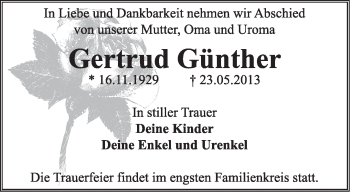 Traueranzeige von Gertrud Günther von Super Sonntag Dessau / Köthen