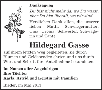 Traueranzeige von Hildegard Gasse von Super Sonntag Quedlinburg