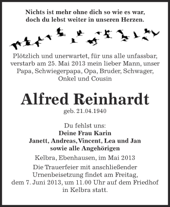 Traueranzeige von Alfred Reinhardt von Super Sonntag SGH Mansf. Land