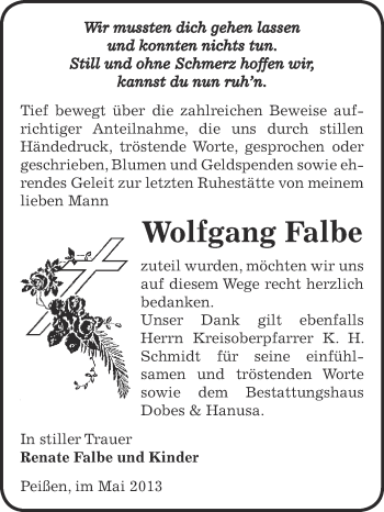Traueranzeige von Wolfgang Falbe von Super Sonntag Bernburg