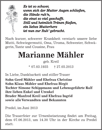 Traueranzeige von Marianne Mähler von Super Sonntag Zeitz