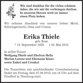 Traueranzeige von Erika Thiele von Super Sonntag Bernburg