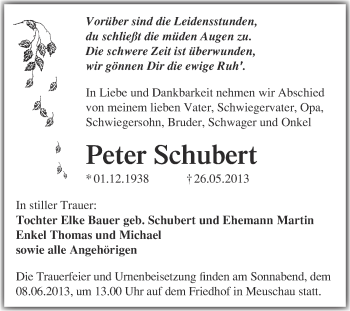 Traueranzeige von Peter Schubert von Super Sonntag Merseburg