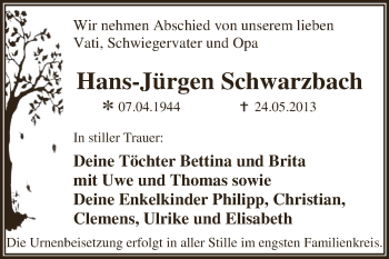 Traueranzeige von Hans-Jürgen Schwarzbach von WVG - Wochenspiegel Dessau / Köthen