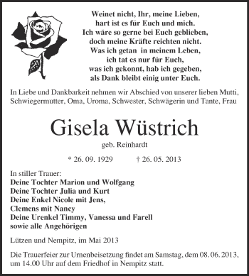 Traueranzeige von Gisela Wüstrich von WVG - Wochenspiegel Merseburg