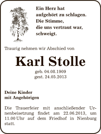 Traueranzeige von Karl Stolle von Super Sonntag Bernburg