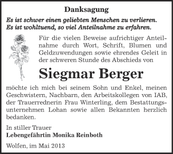 Traueranzeige von Siegmar Berger von WVG - Wochenspiegel Bitterfeld