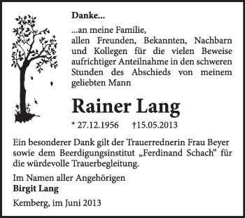 Traueranzeige von Rainer Lang von WVG - Wochenspiegel Wittenberg