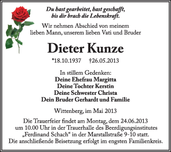 Traueranzeige von Dieter Kunze von WVG - Wochenspiegel Wittenberg