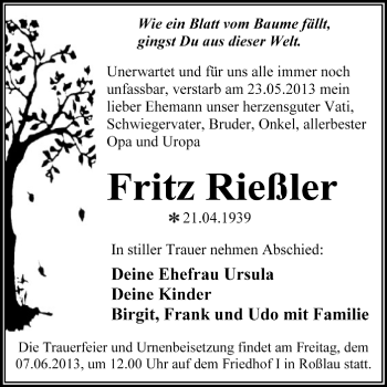 Traueranzeige von Fritz Rießler von Super Sonntag Dessau / Köthen