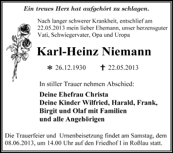 Traueranzeige von Karl-Heinz Niemann von Super Sonntag Dessau / Köthen