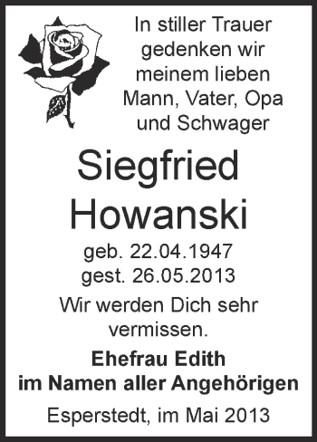 Traueranzeige von Siegfried Howanski von WVG - Wochenspiegel Merseburg