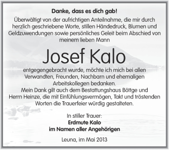 Traueranzeige von Josef Kalo von Super Sonntag Merseburg
