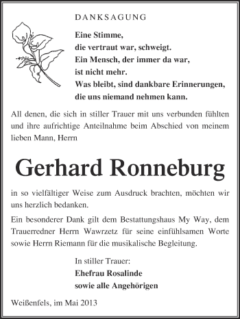 Traueranzeige von Gerhard Ronneburg von Super Sonntag Merseburg