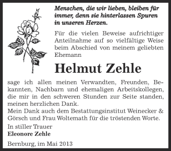Traueranzeige von Helmut Zehle von Super Sonntag Bernburg