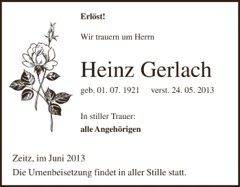 Traueranzeige von Heinz Gerlach von Super Sonntag Zeitz