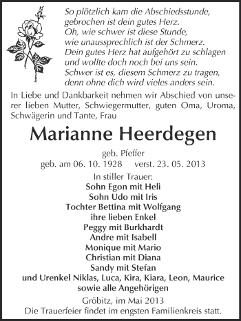Traueranzeige von Marianne Heerdegen von WVG - Wochenspiegel NMB / WSF / ZTZ