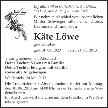 Traueranzeige von Käte Löwe von WVG - Wochenspiegel NMB / WSF / ZTZ